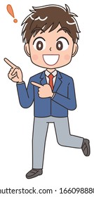 Ein Oberschüler in einer Blazer-Uniform. Er hat positive Emotionen.