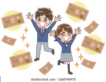 A high school boy and girl in blazer uniforms.Image about money.