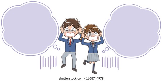 A high school boy and girl in blazer uniforms.They have negative emotions.With speech balloon.