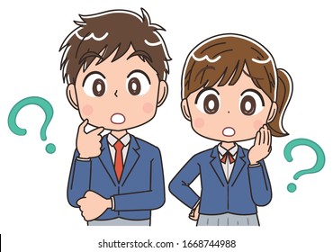 A high school boy and girl in blazer uniforms.They have doubts.