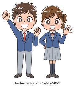 A high school boy and girl in blazer uniforms.They have positive emotions.