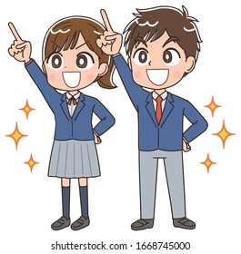 A high school boy and girl in blazer uniforms.They have positive emotions.