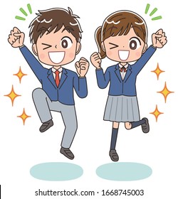 A high school boy and girl in blazer uniforms.They have positive emotions.