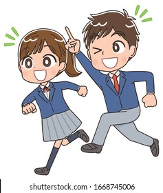 A high school boy and girl in blazer uniforms.They have positive emotions.