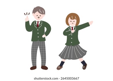 A high school boy with an idea and a high school girl in a hero pose: Illustration of male and female students in uniform