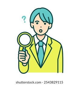 High school boy looking for something with a loupe. Vector illustration of a boy investigating a question.