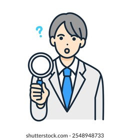 High school boy looking for something with a loupe. Vector illustration of a boy investigating a question.