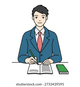 High school boy studying at desk and writing in notebook