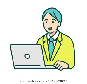 High school boy studying on computer. Vector illustration of a simple boy.