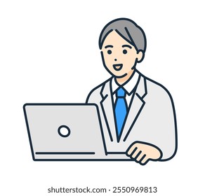 High school boy studying on computer. Vector illustration of a simple boy.