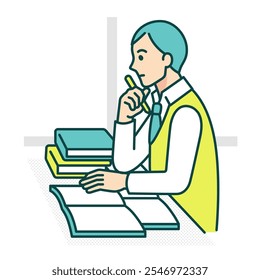 High school boy thinking with notebook open. Vector illustration of a boy studying at his desk.