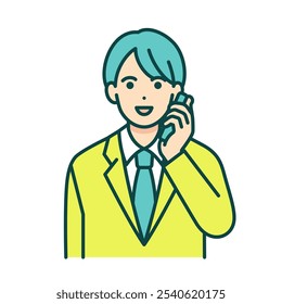 High school boy in uniform holding a smartphone in his hand. Vector illustration of a cute boy.