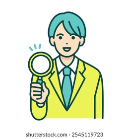 High school boy who found something. Vector illustration of a boy holding a magnifying glass.