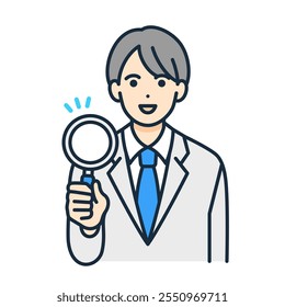 High school boy who found something. Vector illustration of a boy holding a magnifying glass.