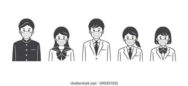 High school boys and girls in uniforms wearing face masks, upper body vector illustration set,