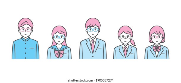 High school boys and girls wearing glasses and uniforms, upper body vector illustration set,