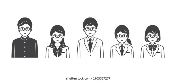 High school boys and girls wearing glasses and uniforms, upper body vector illustration set,