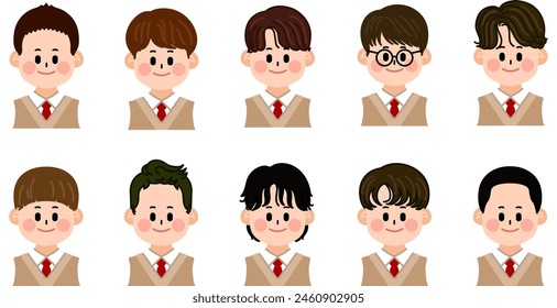 High school boys in school uniforms. Various hairstyles and faces