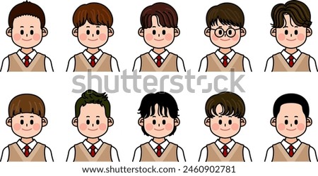 High school boys in school uniforms. Various hairstyles and faces