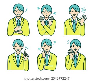 High school boys with various expressions. Vector illustration set.