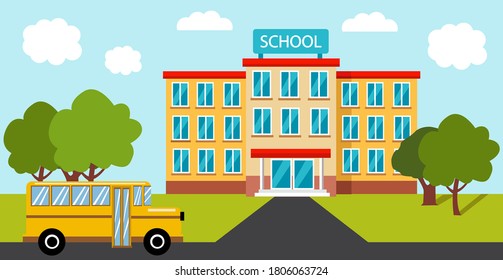 High school building with school bus