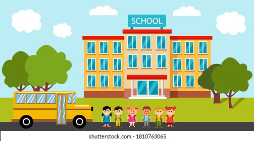 High school building with children and school bus