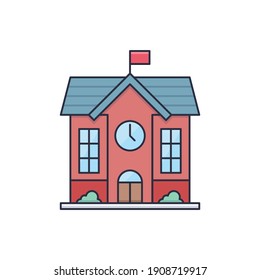 High School Building Icon, Color, Line, Outline Vector Sign, Linear Style Pictogram Isolated On White. Symbol, Logo Illustration