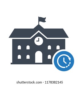 High School Building Icon, Education Icon With Time Sign. High School Building Icon And Countdown, Deadline, Schedule, Planning Symbol. Vector Illustration