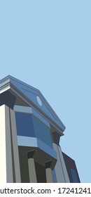 Un edificio de secundaria desde un ángulo bajo sobre un cielo azul brillante.