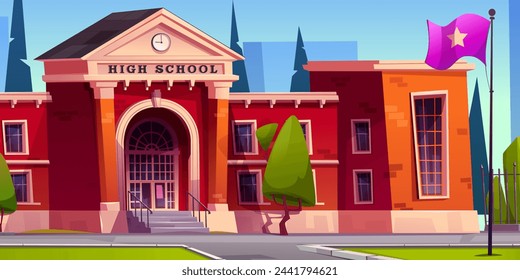 High school building in modern city. Vector cartoon illustration of educational institution brick facade with stairs, door and windows, green lawn, trees and bushes in park, cityscape under blue sky