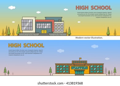 High School Building Modern Outline Vector Illustration