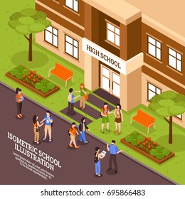 High school building outdoor area in summer isometric view poster with entrance door and students vector illustration