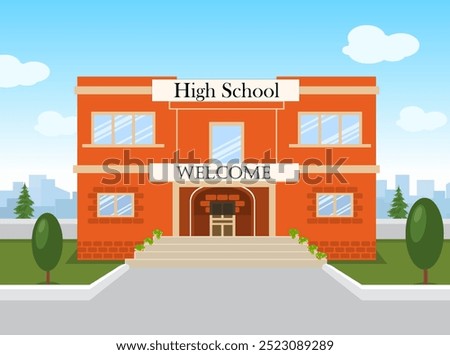 High school Building Vector, school Building with Green trees. A city landscape, In flat cartoon style a vector. Education of children.