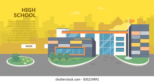 High school building vector illustration. Flat design. Public educational institution. Modern projects of educational establishments. School facade and yard. Front view. College organization