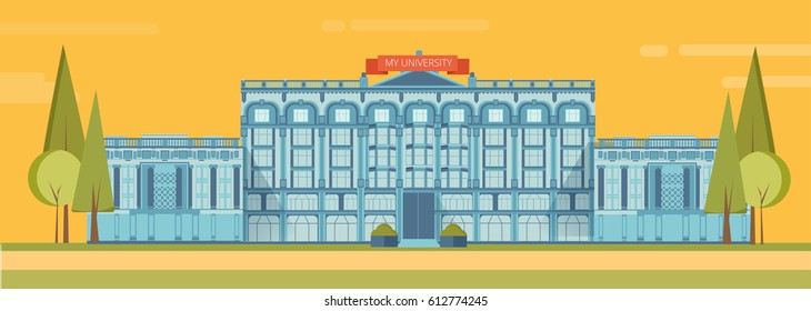 High school building vector illustration. Flat design. Public educational institution. Modern projects of educational establishments. School facade and yard. Front view. College organization