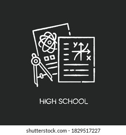 High school chalk white icon on black background. Secondary education, academic subjects, science. Highschool tests. Physics, geometry homework and dividers Isolated vector chalkboard illustration