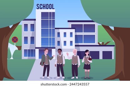 High school children greeting near the school building vector illustration. Cartoon teenagers boy and girls in school uniform vest, blazer, shirt and tie. Happy students, college multinational friends