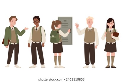 High school children vector illustrations set. Cartoon teenagers boy and girls wearing school uniform vest, blazer, shirt and tie. Happy students, college multinational friends isolated on white