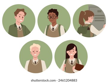 High School Kinder Vektorillustrationen in runden Rahmen. Cartoon Teenager Jungen und Mädchen tragen Schuluniform Weste, Blazer, Hemd und Krawatte. Glückliche Studenten, multinationale College-Freunde