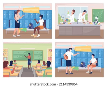 High school classes flat color vector illustration set. Chemistry laboratory. Changing room. Students on lessons and breaks 2D cartoon characters with room interiors on background collection