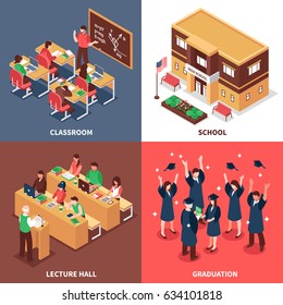 High school classroom lesson lecture graduation and  building outdoor isometric view 4 icons square isolated vector illustration 