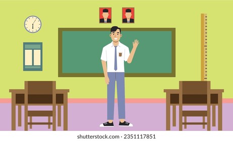 aula de secundaria con un alumno en ilustración de diseño plano