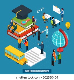 High school college education concept with teacher whiteboard presentation and graduation cap isometric banner abstract vector illustration