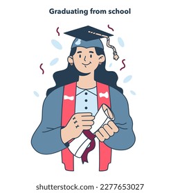 High school or college graduation. Celebration and diploma awarding ceremony. Happy student with a education certificate. Academic achievement idea. Flat vector illustration