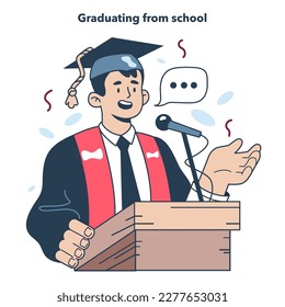 High school or college graduation. Celebration and diploma awarding ceremony. Happy student making a congratulatory speech. Academic achievement idea. Flat vector illustration