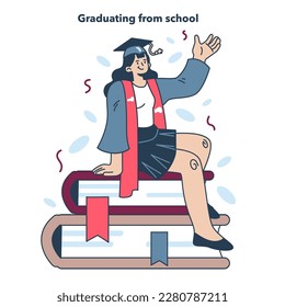 High school or college graduation. Celebration and diploma awarding ceremony. Happy student with a education certificate. Academic achievement idea. Flat vector illustration
