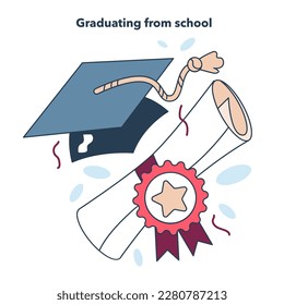 High school or college graduation. Celebration and diploma awarding ceremony. Happy student with a education certificate. Academic achievement idea. Flat vector illustration