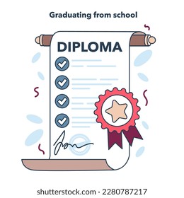 High school or college graduation. Celebration and diploma awarding ceremony. Education certificate. Academic achievement idea. Flat vector illustration