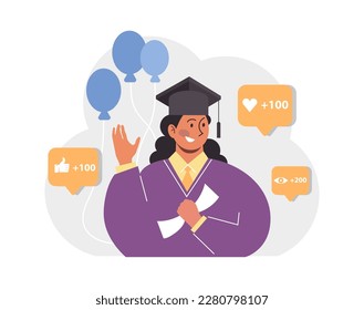 High school or college graduation. Celebration and diploma awarding ceremony. Happy student in uniform with a education certificate. Academic achievement idea. Flat vector illustration