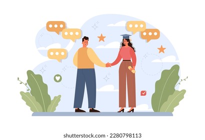 High school or college graduation. Celebration and diploma awarding ceremony. Happy student with a education certificate and supportive friend. Academic achievement. Flat vector illustration